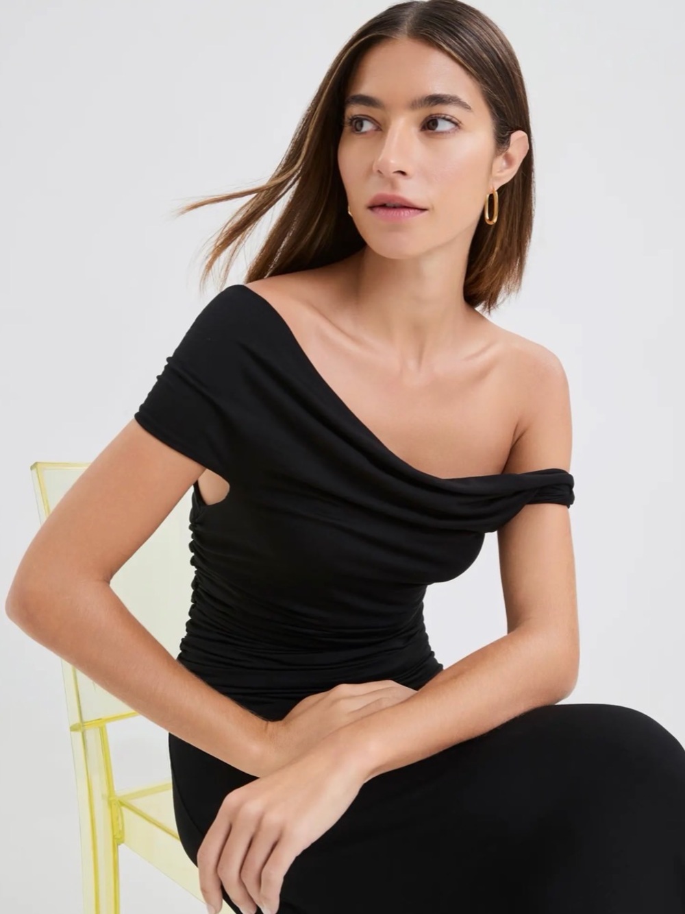Marcella Manon Dress Black Sleeveless Maxi Dress Draped Off Shoulder Neckline. M